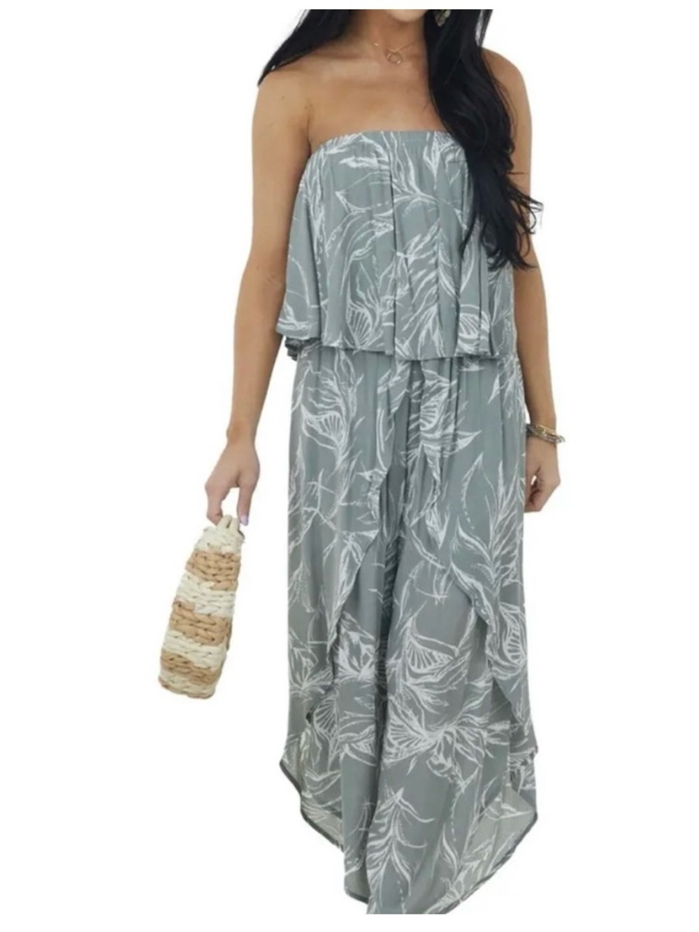 Kori America Tropical Leaf Ruffled Strapless Jumpsuit